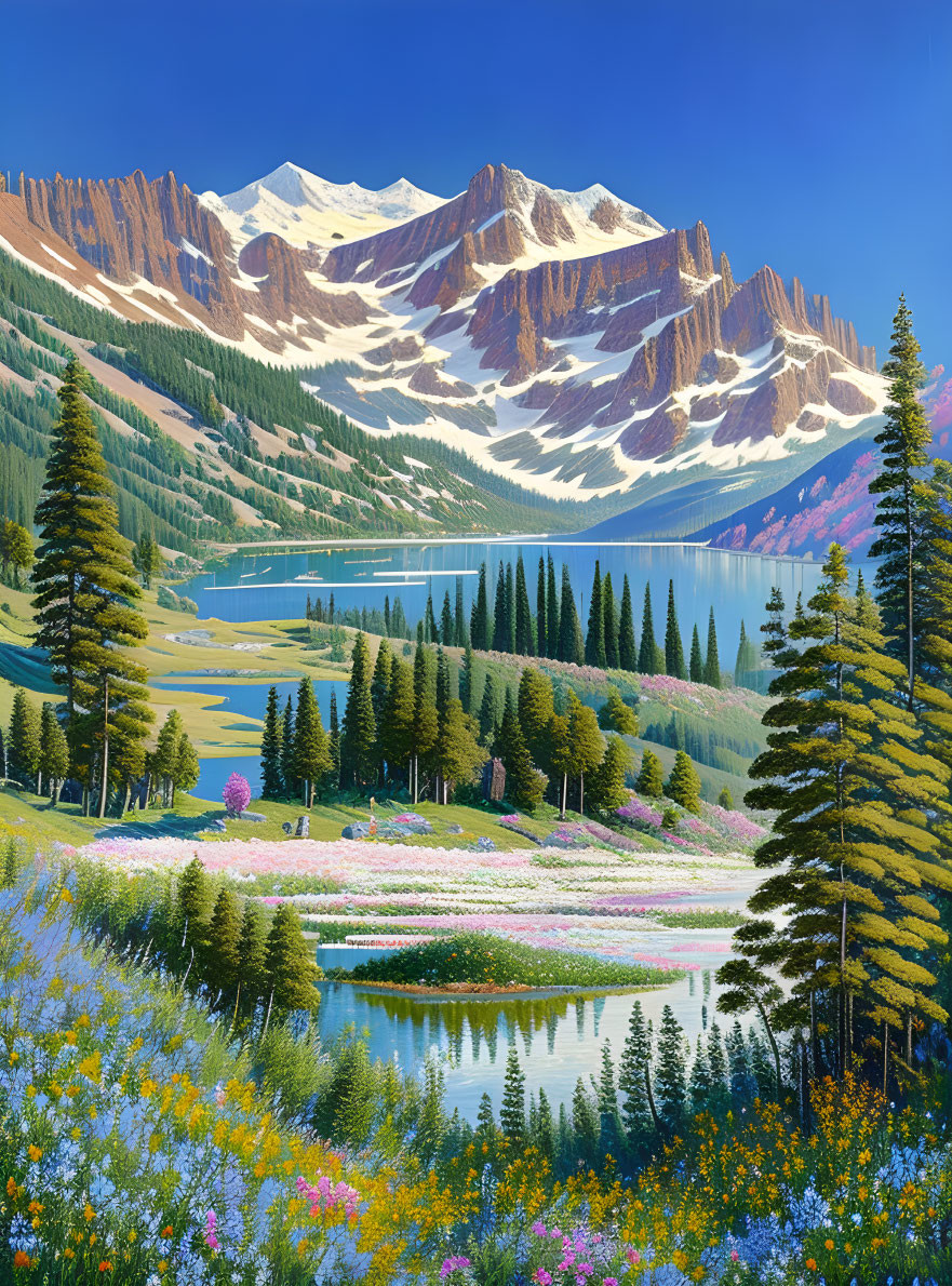 Serene wildflower meadows, lake, pine trees, snowy mountains, blue sky