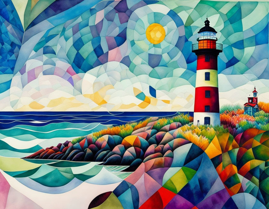 Vibrant painting of lighthouse on cliff with geometric patterns