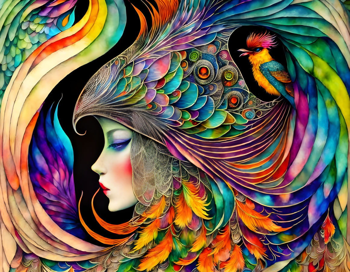 Colorful woman's profile merges with peacock feathers in vibrant illustration