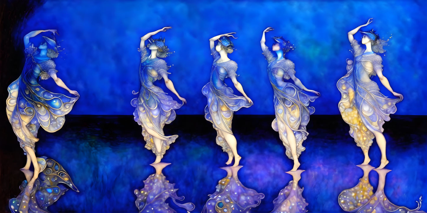Synchronized dancers in blue sea-themed costumes on reflective surface