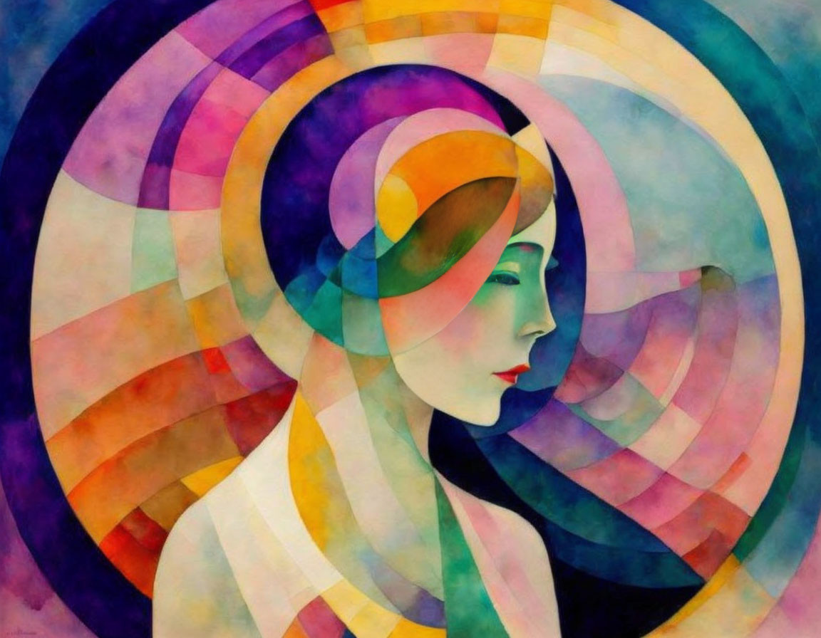 Abstract painting: Stylized woman's profile with vibrant concentric circles