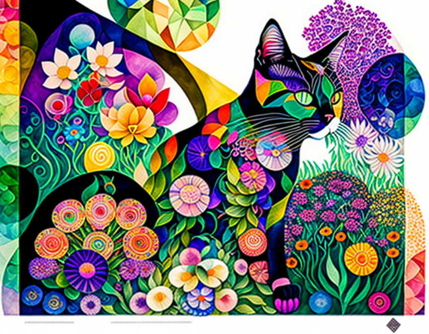 Colorful Artwork: Stylized Black Cat in Floral Landscape