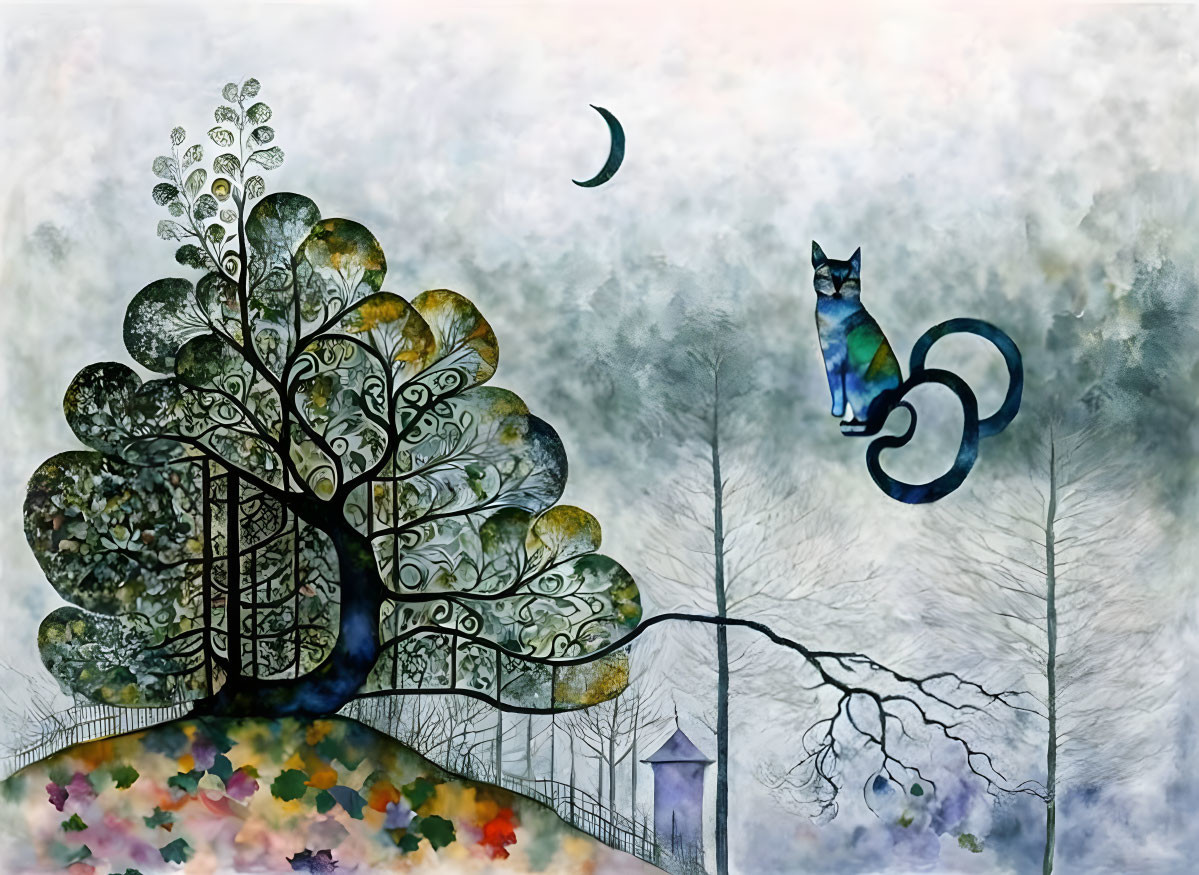 Surreal painting: Stylized tree, crescent moon, cat, barren tree in mist