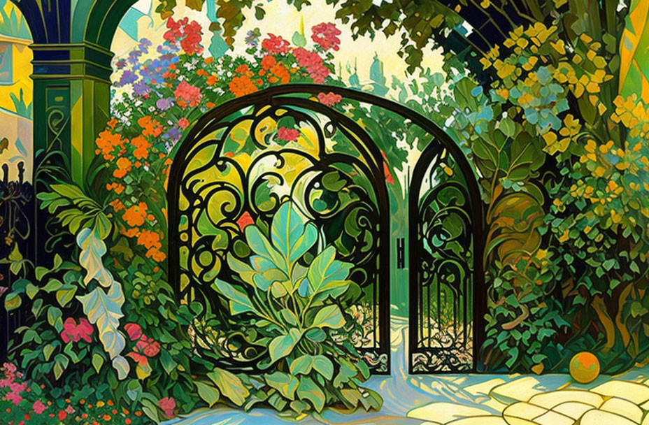 Ornate garden gate with vibrant flowers and foliage in colorful lighting