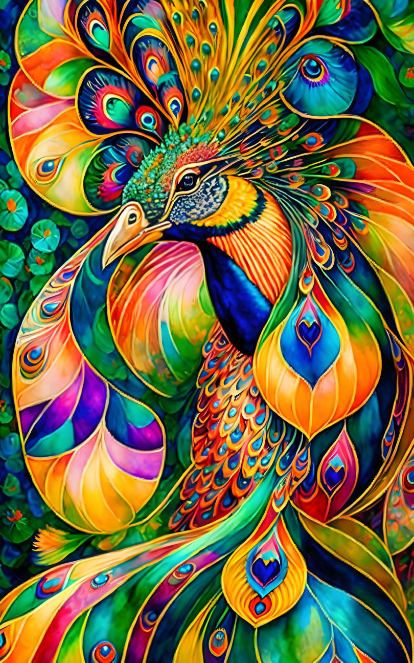 Colorful Peacock Artwork with Spread Tail Feathers in Blues, Greens, Oranges, and