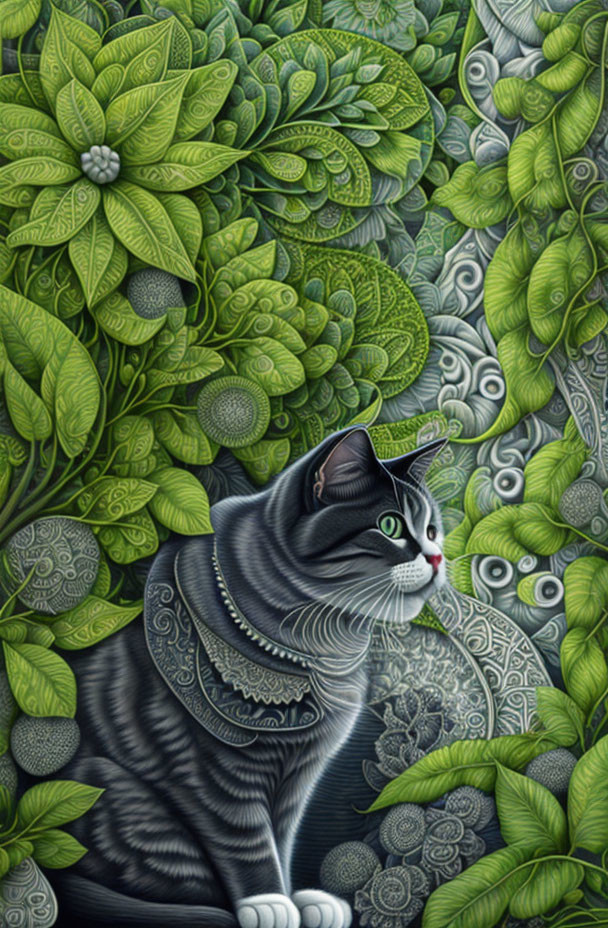 Intricate black and white cat in lush green foliage with mandala background