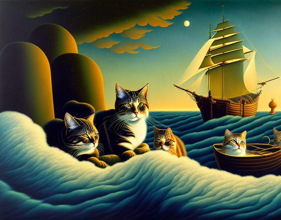 Realistic cats in fluffy cloud scene with surreal sailing ship and crescent moon