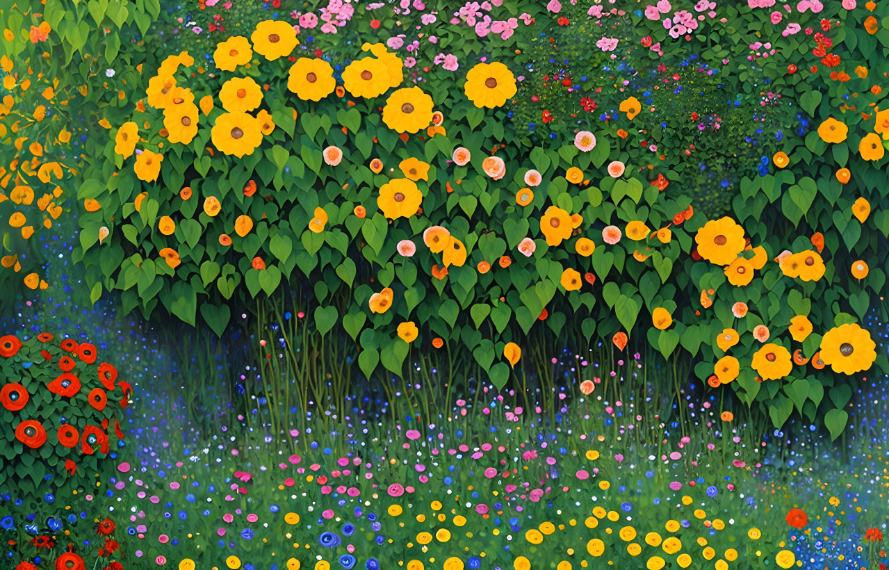 Colorful Flower Garden Painting with Sunflowers, Daisies, and Poppies