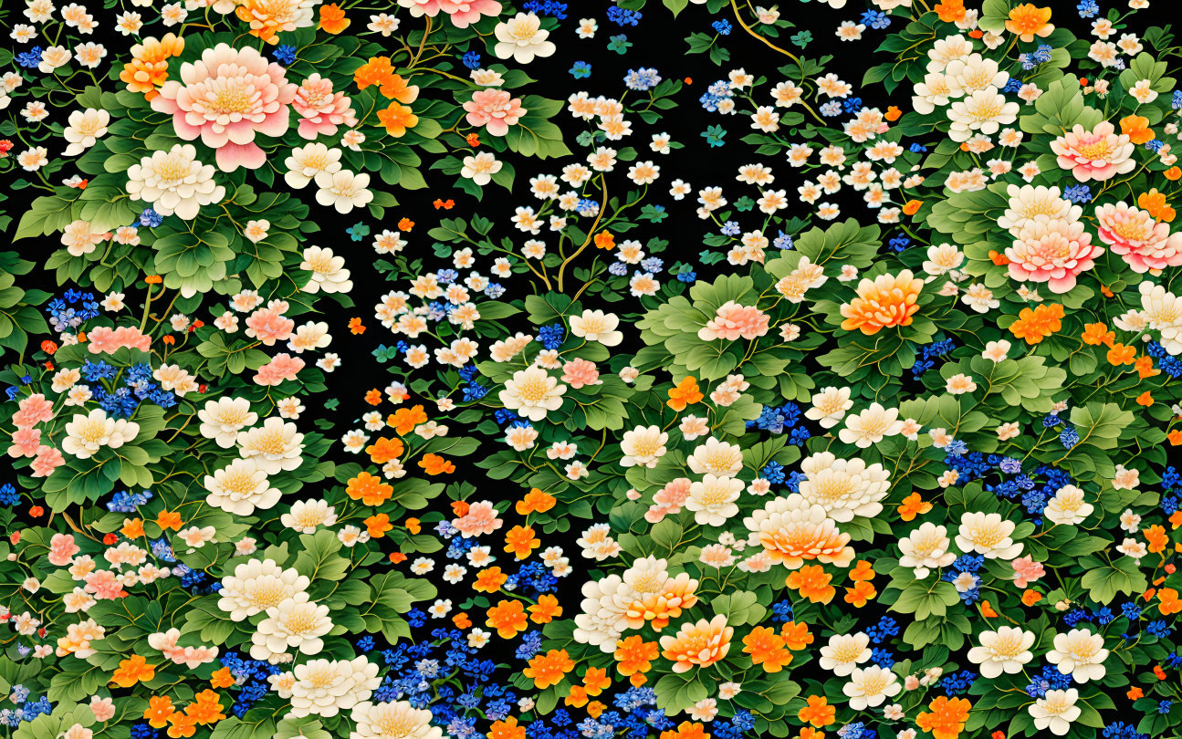 Colorful Floral Pattern on Black Background