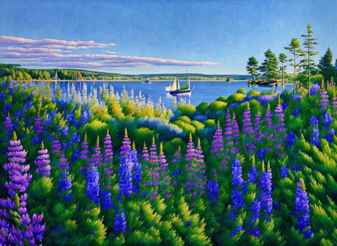 Sailboat painting: Calm lake, lupines, evergreens, blue sky