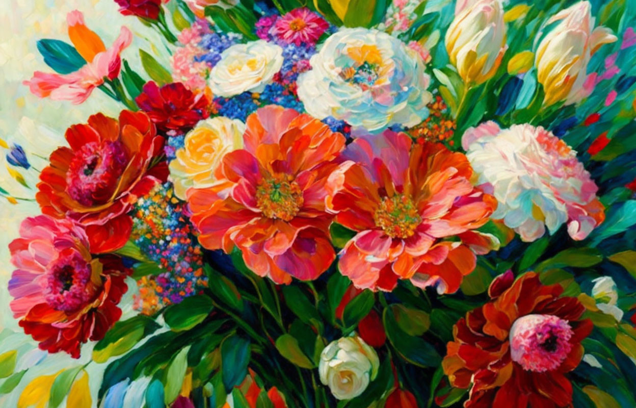 Colorful Oil Painting of Lush Bouquet with Red, Orange, and White Flowers