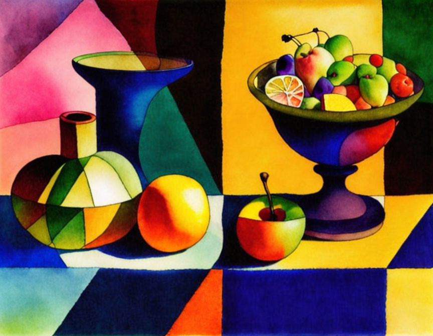 Vibrant Cubist still life with fruit bowl, pitcher, and geometric objects