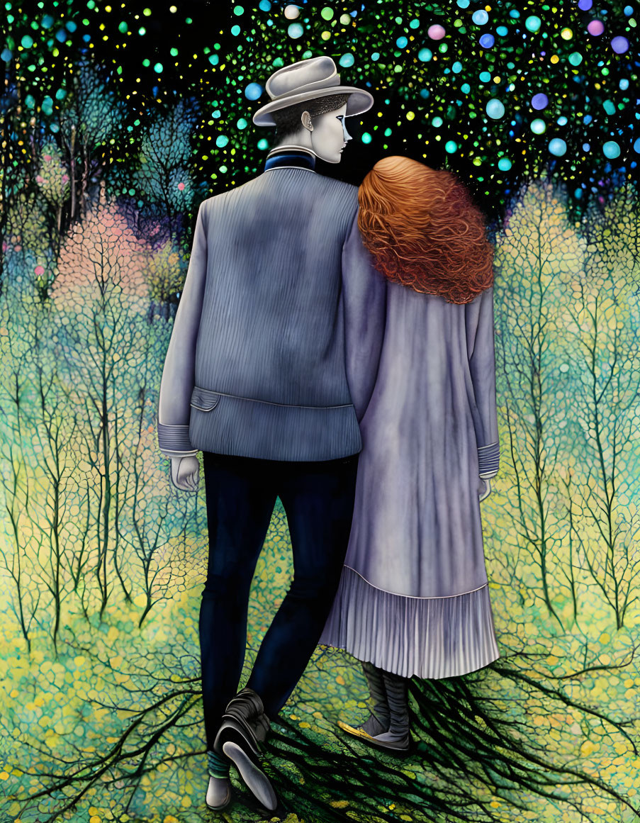 Man in suit and hat embraces woman in lilac dress in starry forest scene