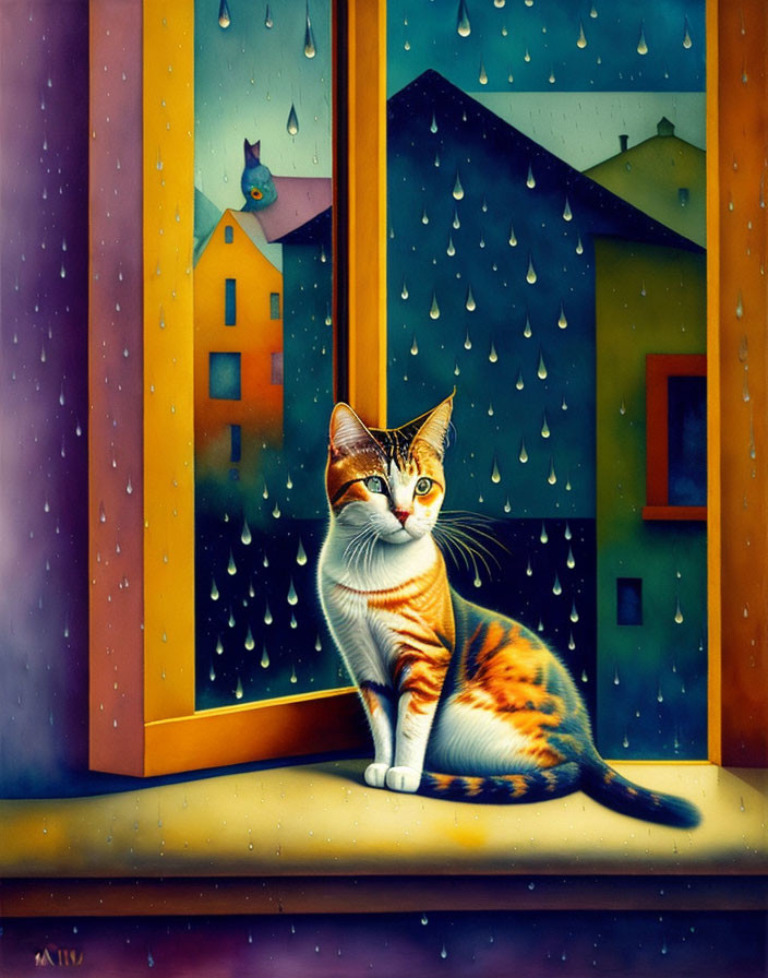 Vibrant cat painting on windowsill with rainy background