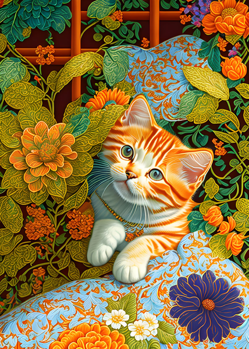 Orange and White Kitten with Collar on Colorful Floral Background