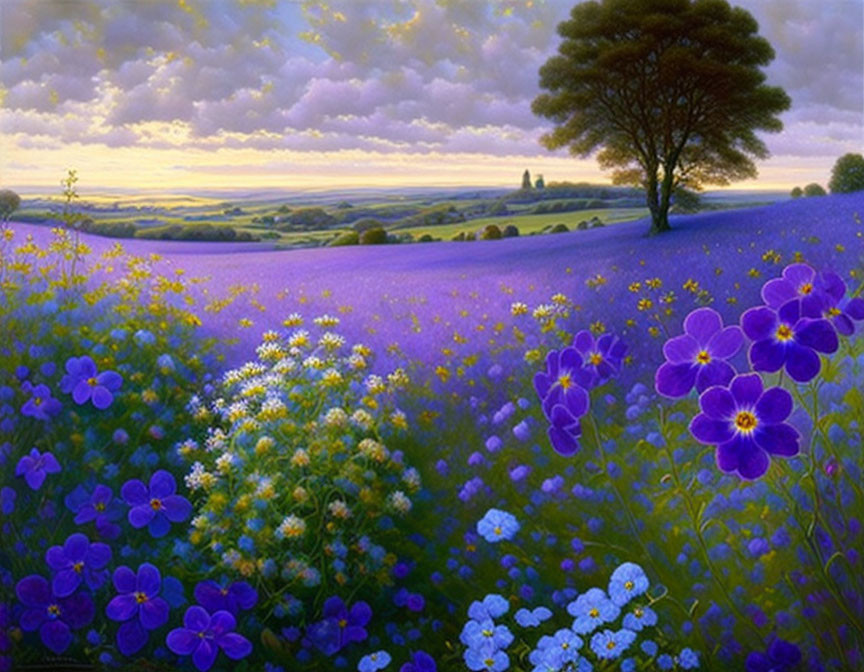 Vibrant purple flowers, lone tree, rolling hills under twilight sky