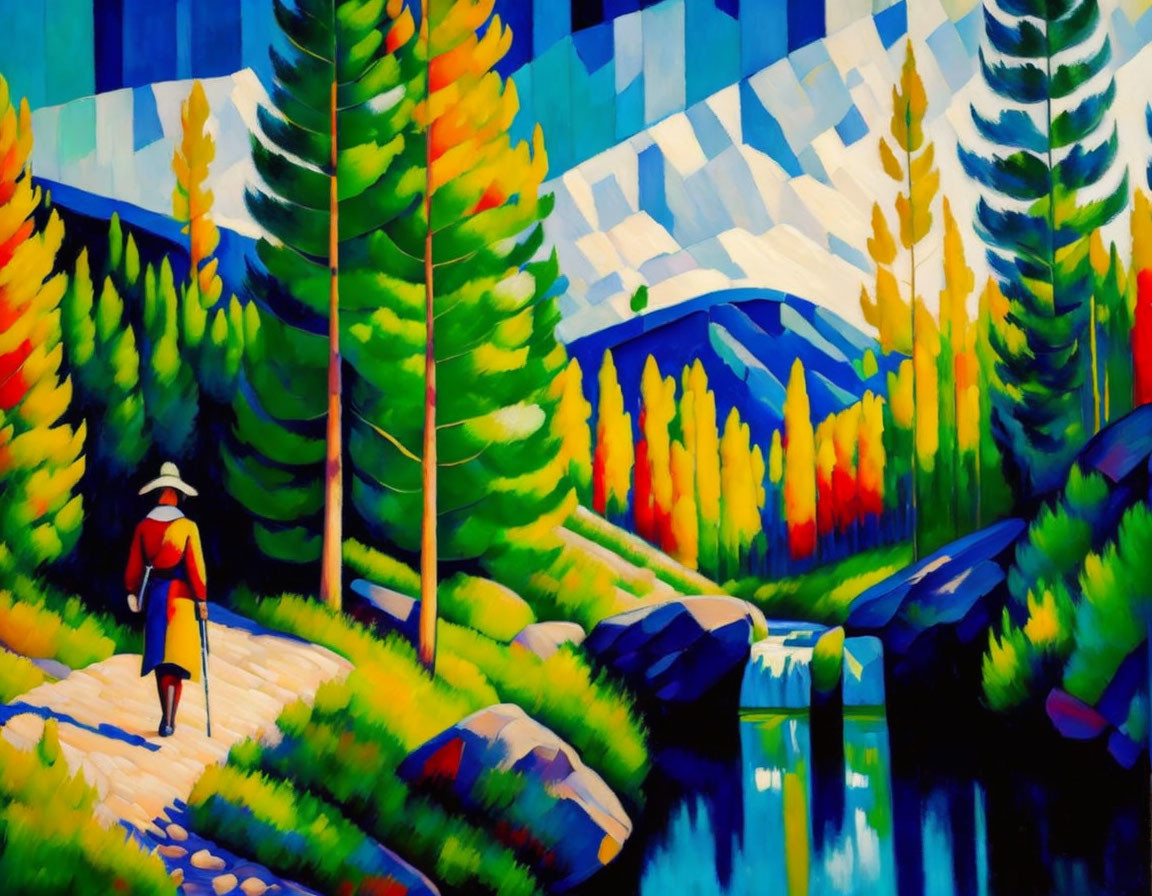 Vivid Cubist-style painting of person in nature