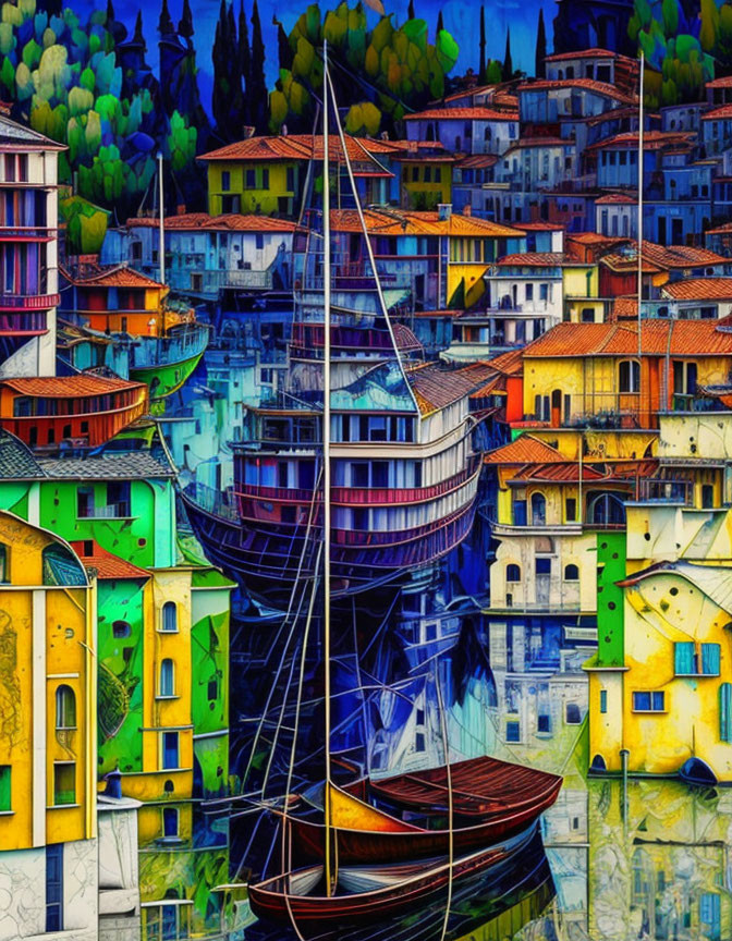 Colorful Harborside Scene with Boats and Whimsical Buildings