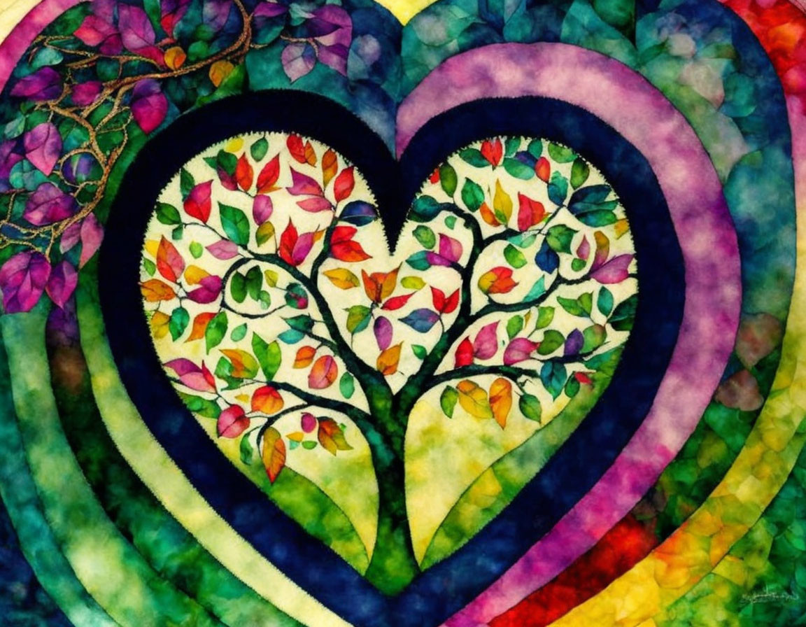 Vibrant watercolor heart-shaped tree with multicolored leaves on rainbow background