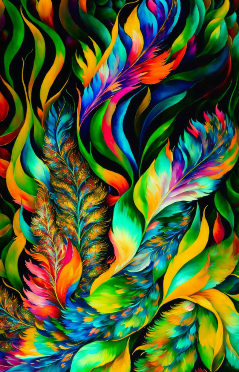 Colorful feather patterns on canvas: dynamic abstract design