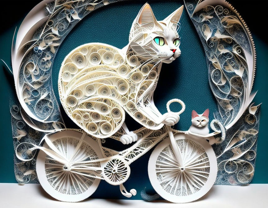 Intricate Paper Art: White Cat on Bicycle with Green-Eyed Companion