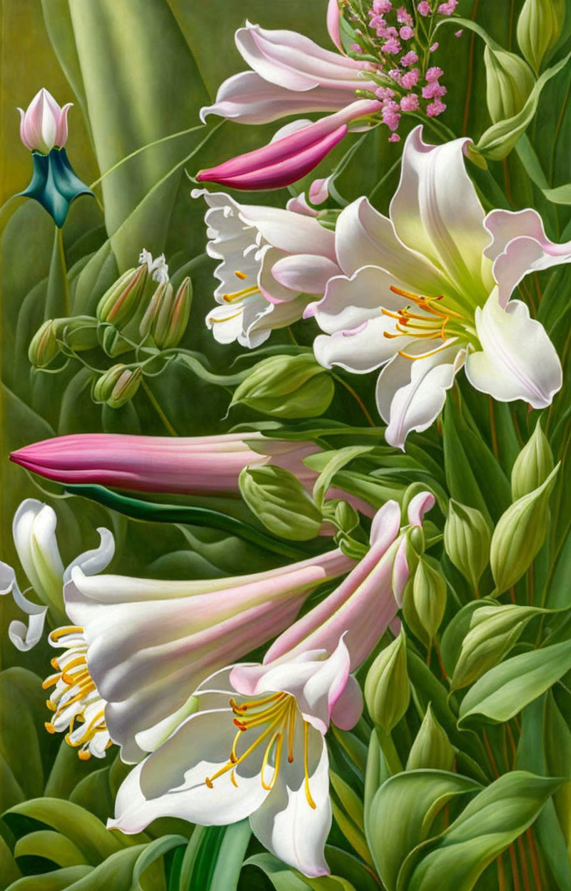 Colorful floral painting with white lilies and pink & purple blooms
