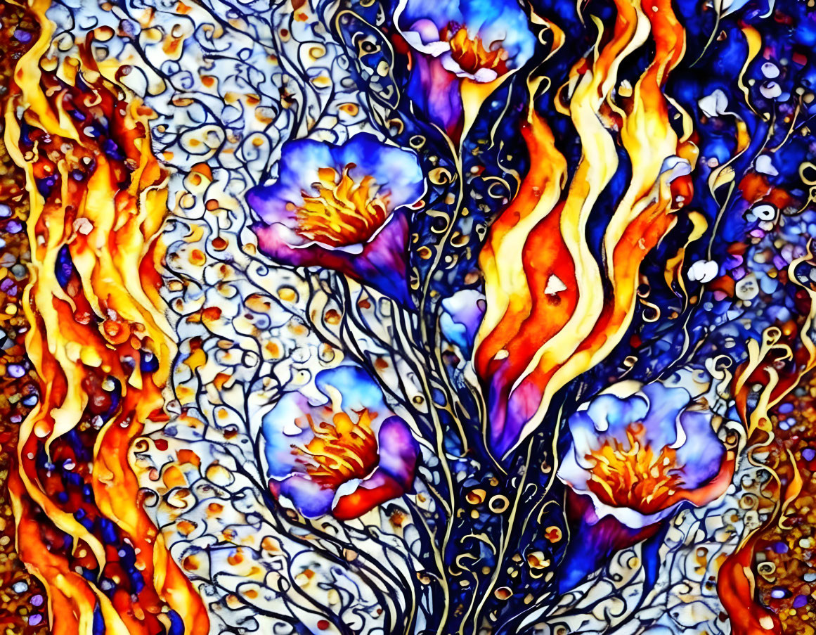 Colorful Abstract Painting: Fiery Colors and Blue Florals