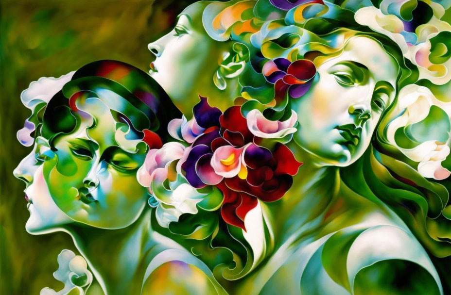 Colorful Abstract Painting: Three Women with Flowing Hair and Floral Patterns