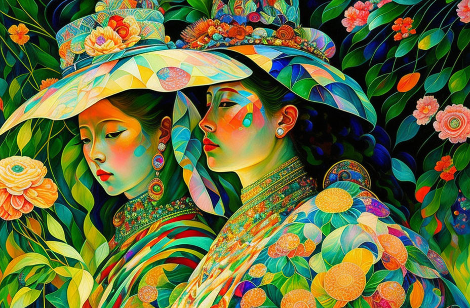 Vibrant artwork featuring two women in elaborate hats and clothing amidst colorful floral backdrop