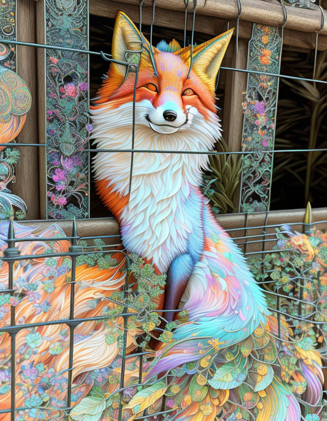 Vibrant fox illustration with whimsical fur patterns in ornate metallic frame