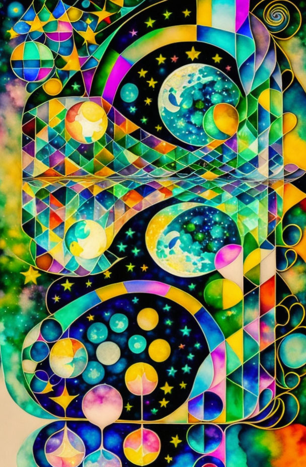 Colorful Psychedelic Artwork with Geometric Shapes and Celestial Bodies
