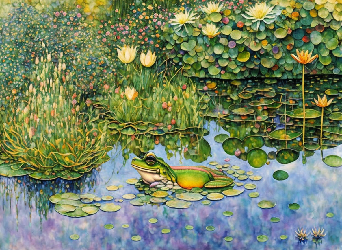 Vibrant pond painting with lotus flowers and frog