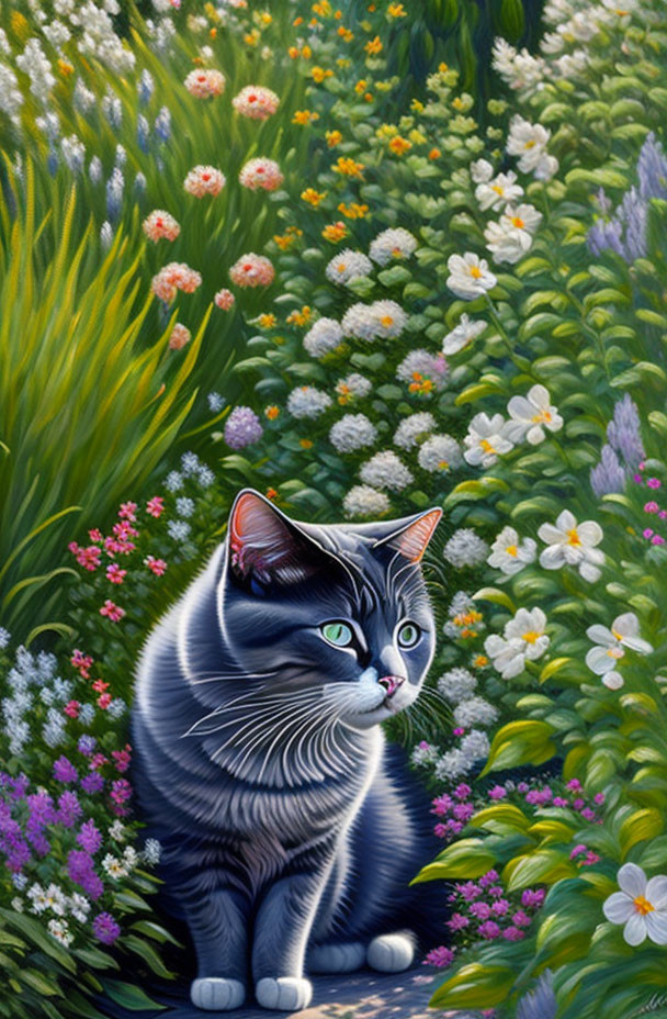 Gray Tabby Cat with Blue Eyes Surrounded by Colorful Flowers in Garden