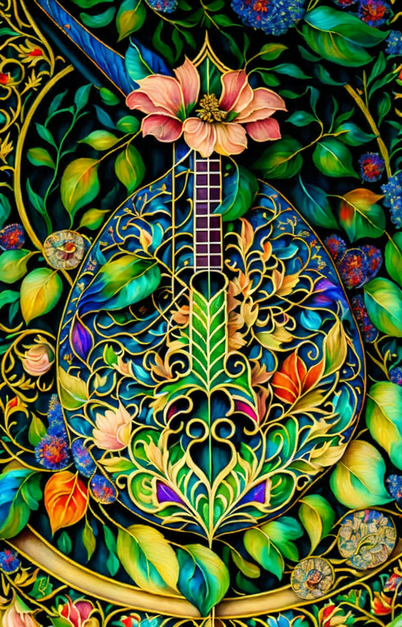 Colorful Guitar Artwork with Floral and Peacock Motifs