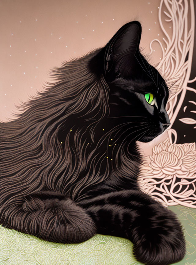 Black cat with green eyes on starry backdrop and floral accents