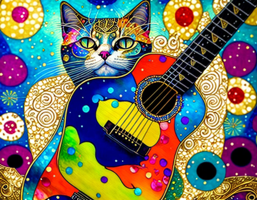 Colorful whimsical artwork: Stylized blue cat with intricate patterns and guitar on vibrant background.