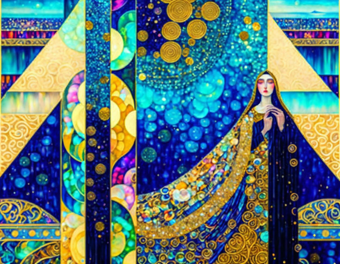 Colorful Art Nouveau-inspired painting of a woman with cosmic motifs