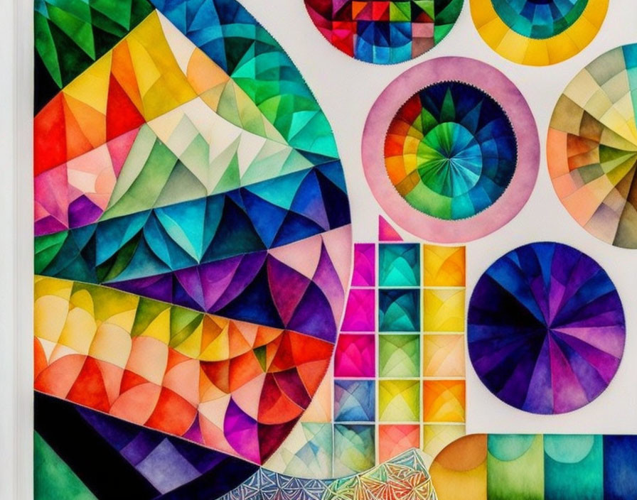 Colorful geometric shapes in watercolor painting.