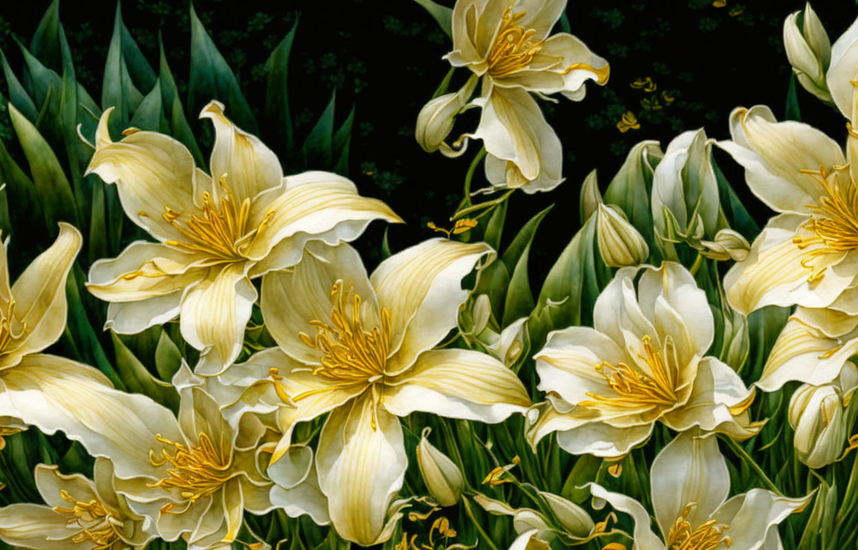 White and Yellow Lilies on Dark Background with Green Foliage