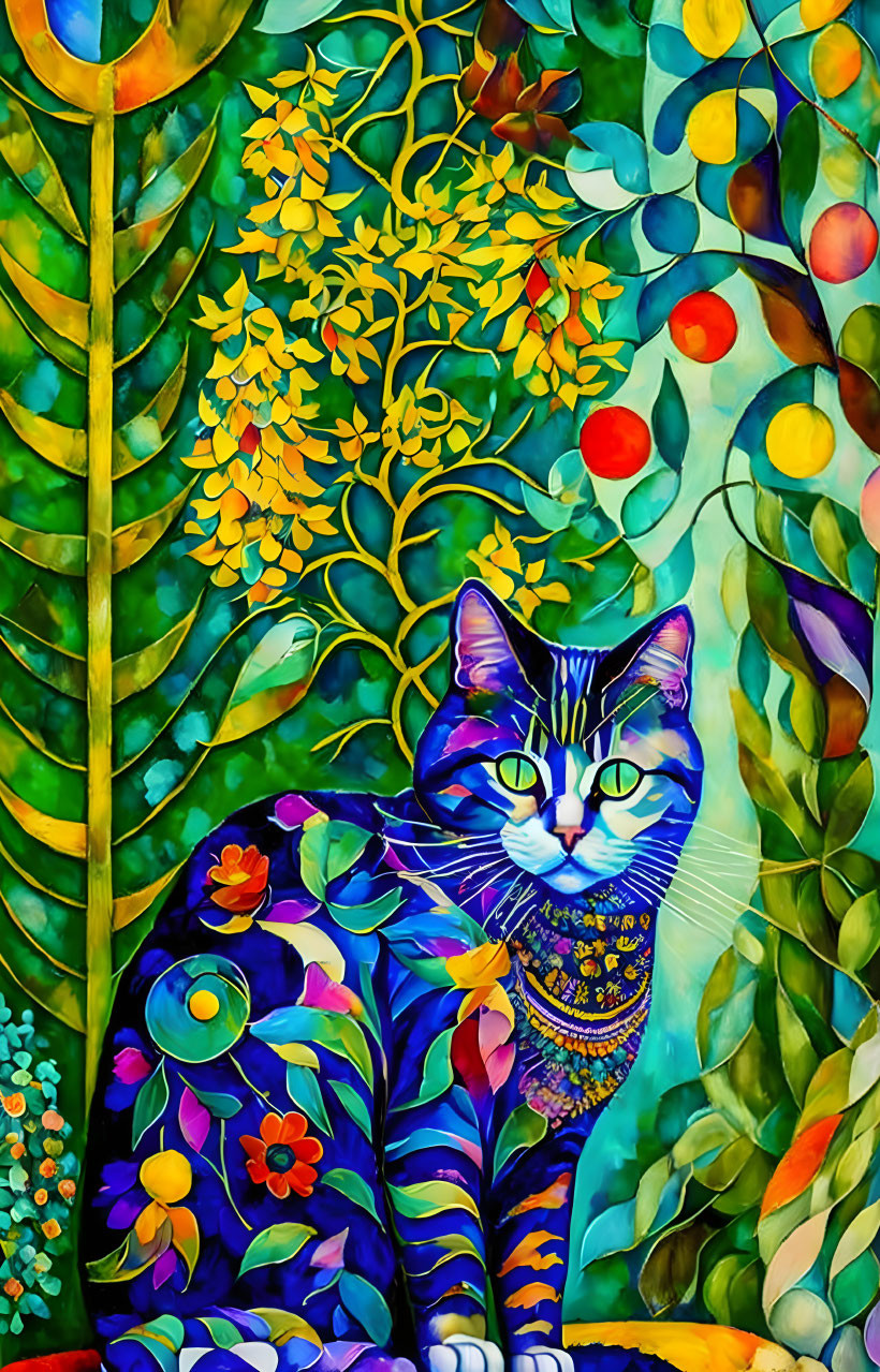 Colorful Stained Glass Artwork: Patterned Cat, Whimsical Trees, and Orbs