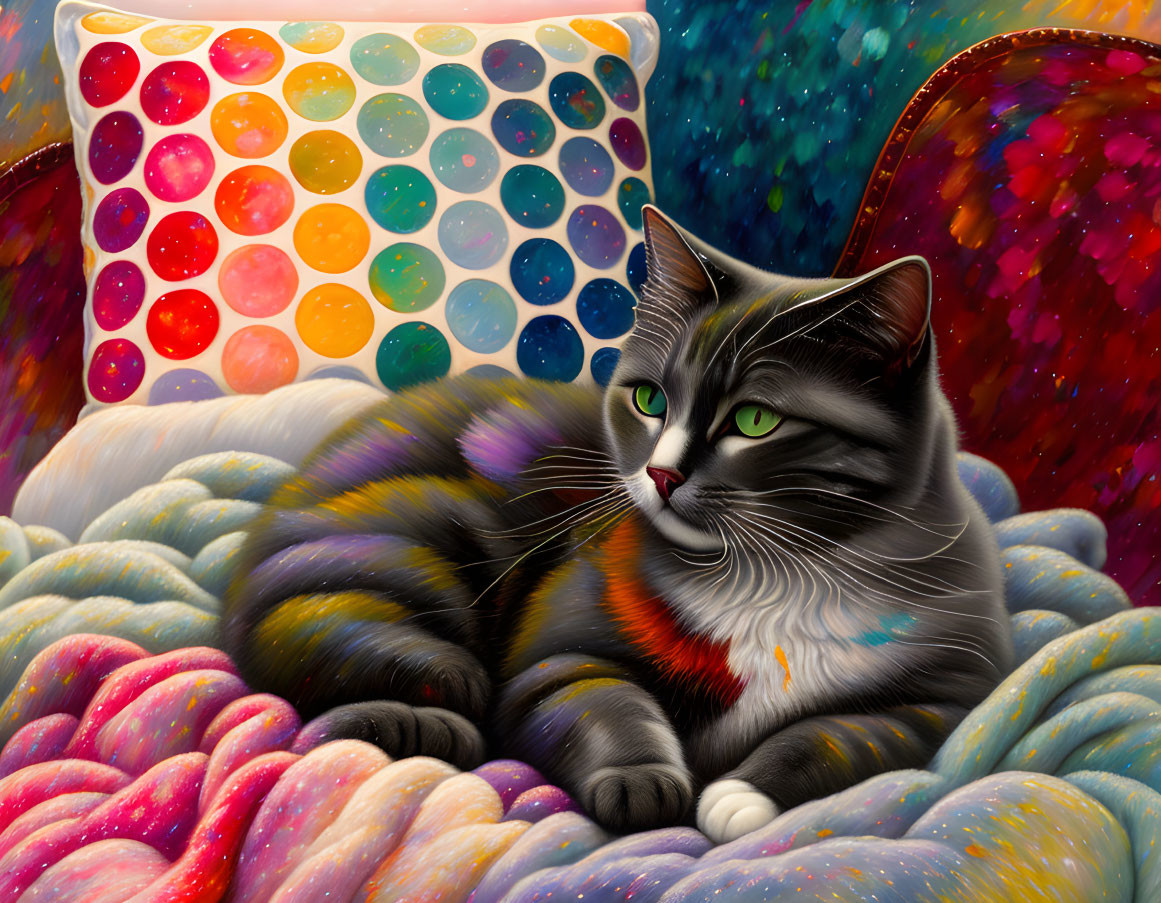 Vibrant Cat Illustration on Colorful Knitted Textures