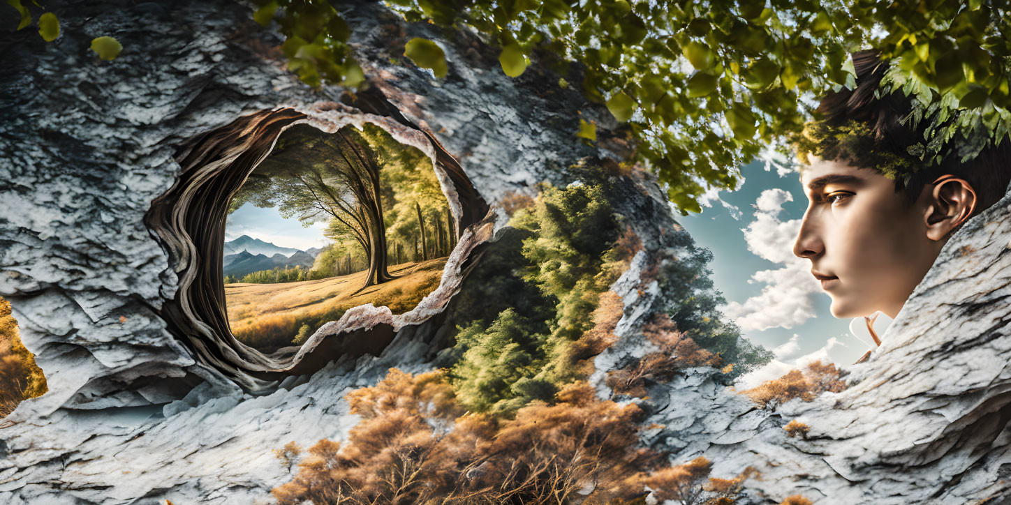 Composite image: Serene landscape viewed through hollow tree trunk with profile of young person, symbolizing nature