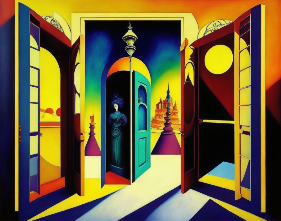 Vibrant surrealist painting with open doors to diverse landscapes