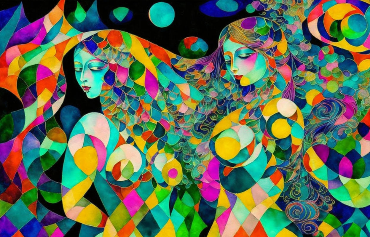 Colorful abstract art: stylized female figures in vibrant patterns.