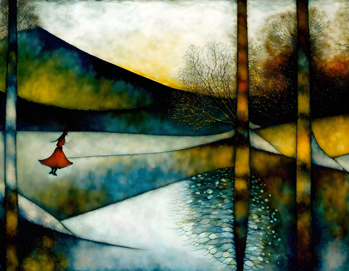 Colorful Skating Figure in Red Cape on Frozen Pond Painting