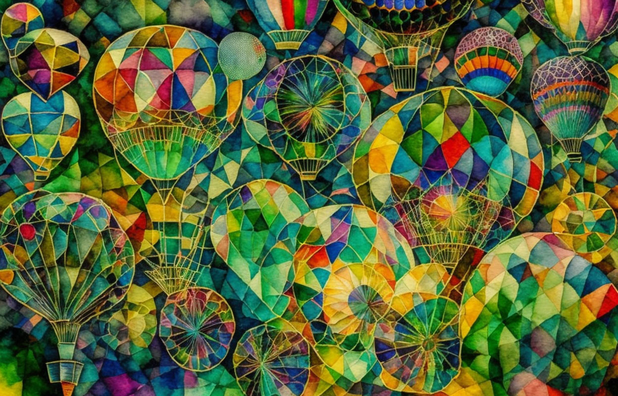 Colorful Hot Air Balloons Watercolor Painting on Mosaic Background