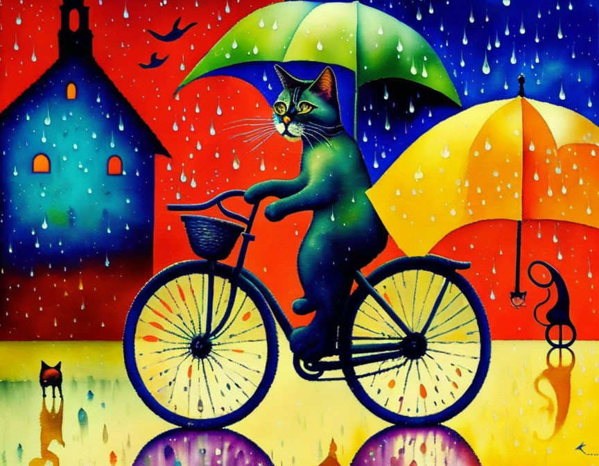 Whimsical cat painting with bicycle, umbrella, rain, and colorful scenery