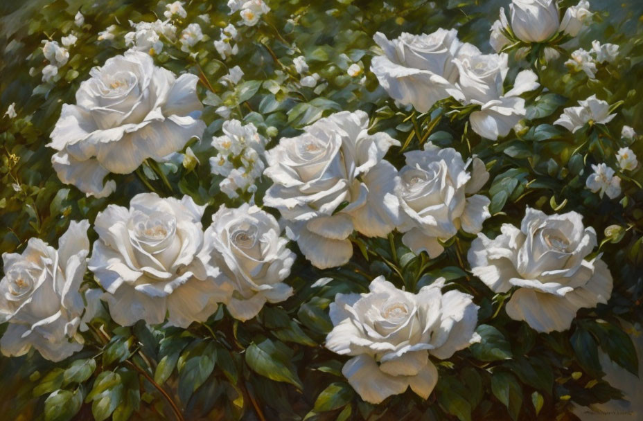 Cluster of Blooming White Roses with Green Foliage in Sunlight