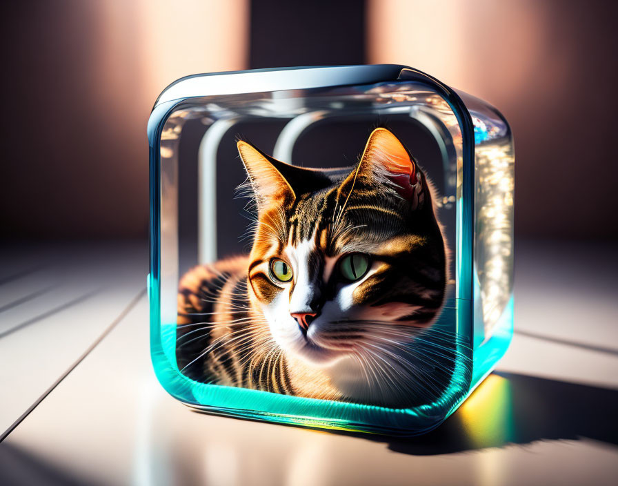 Surreal cat portrait in cube frame with shadows and sunlight