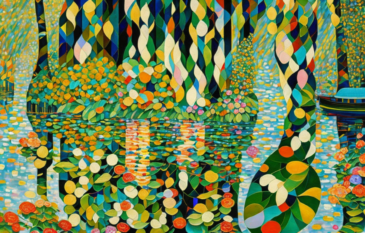 Colorful painting of nature with mosaic patterns of leaves, flowers, and water